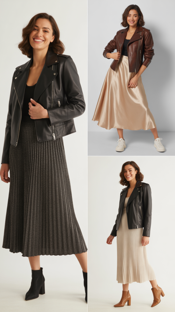 Leather Jacket with Midi Skirt