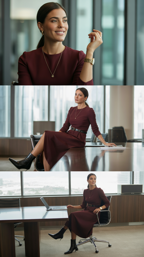 Burgundy Midi Dress with Ankle Boots