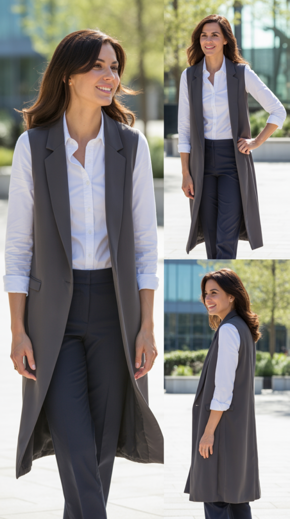 Long Vest Over Button-Down Shirt