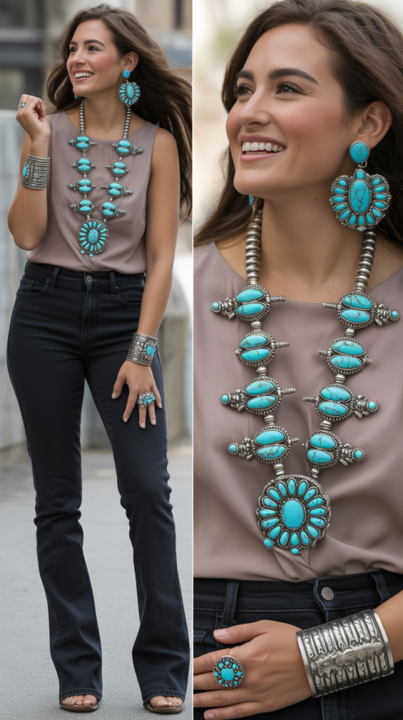 Black Jeans with Turquoise Accessories