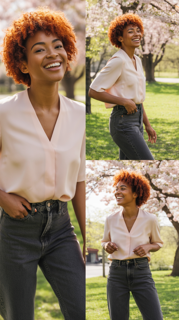 Soft Pink Blouse with High-Waisted Jeans