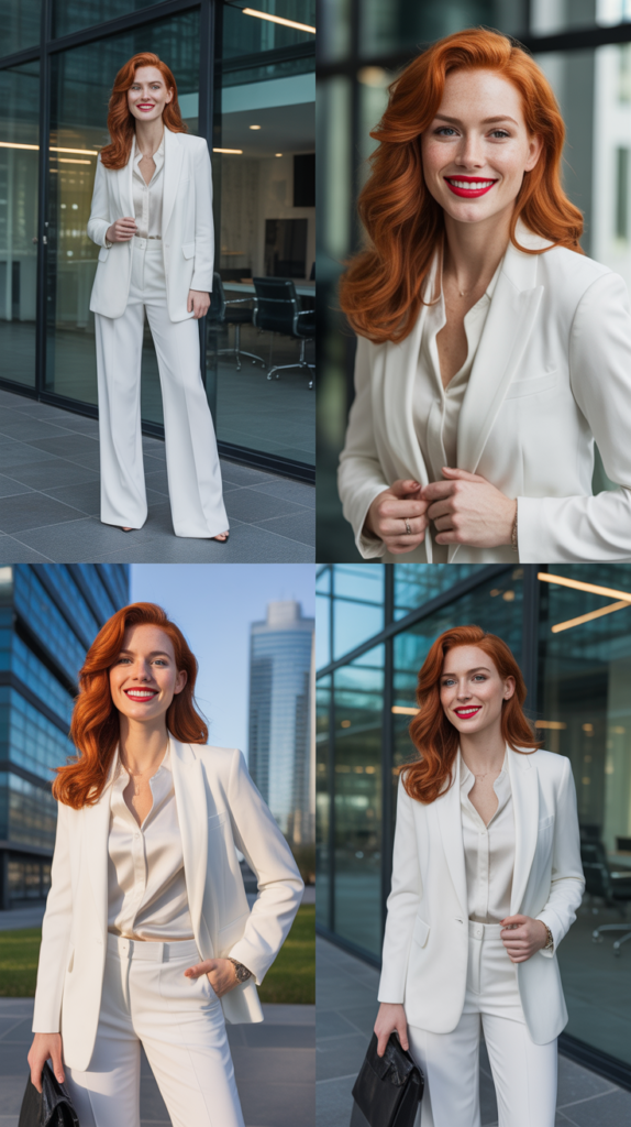 White Suit With Bold Red Lip