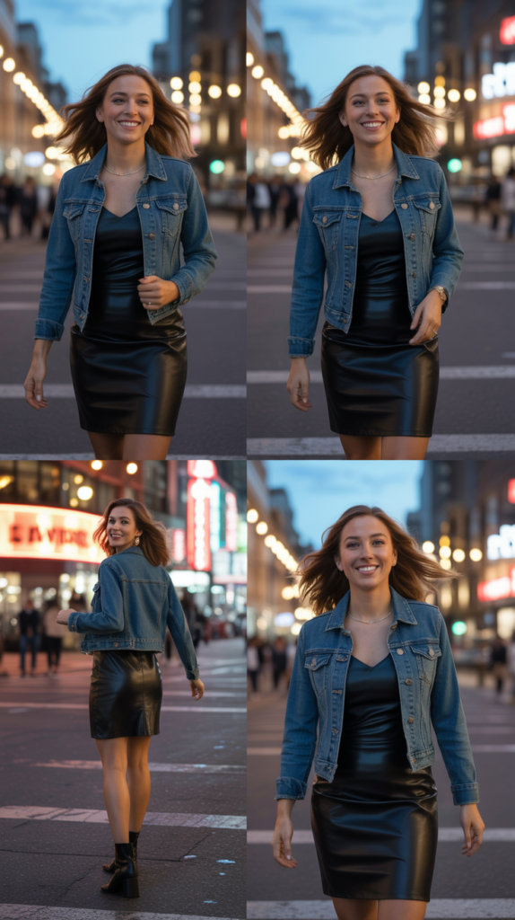 Leather Dress with Denim Jacket and Ankle Boots