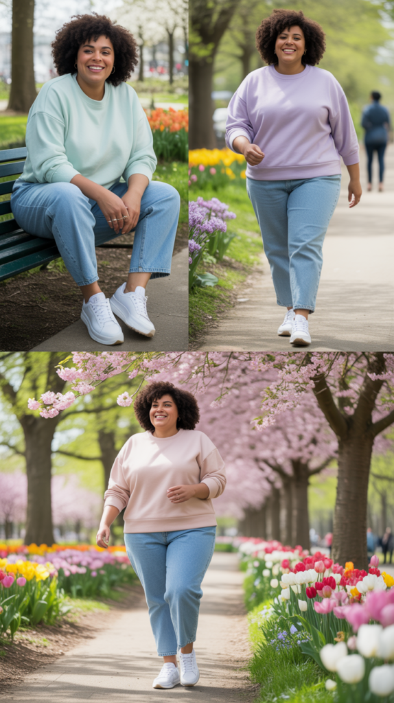 Light Jeans With Pastel Sweater And White Sneakers