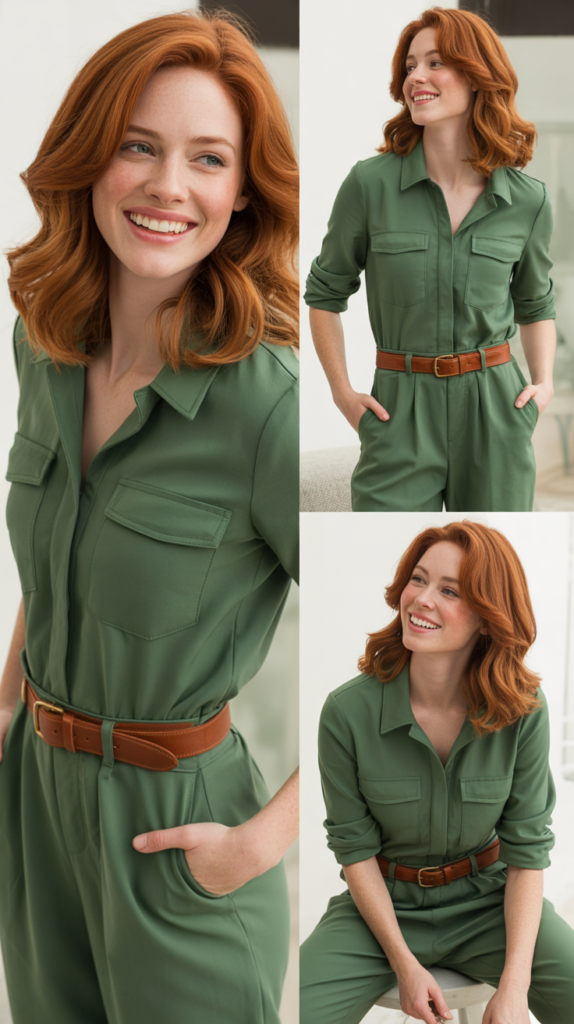 Forest Green Utility Jumpsuit with Tan Belt
