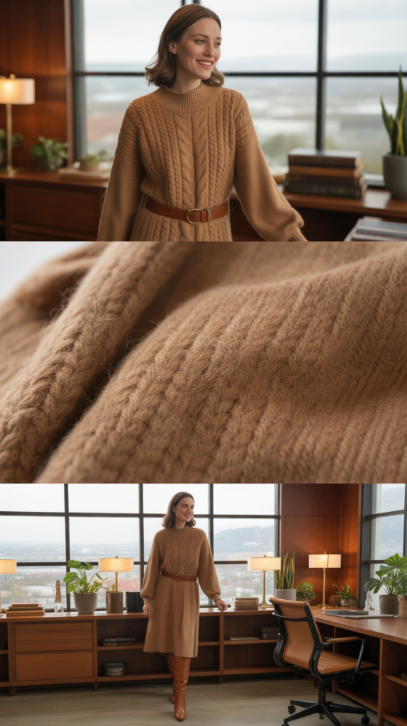 Camel Sweater Dress with Belt and Boots