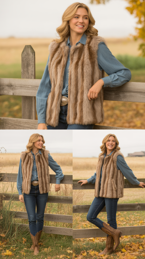 Faux Fur Vest with Western Shirt and Jeans