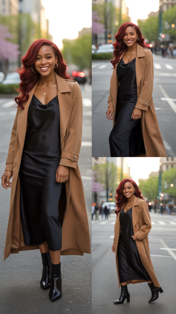  Black Slip Dress with Camel Coat and Ankle Boots