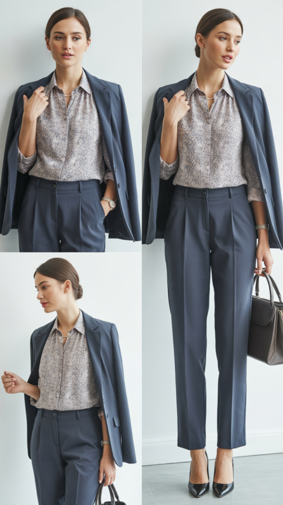 Printed Blouse with Solid-Color Suit