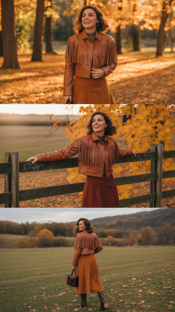 Fringe Leather Jacket with Midi Skirt