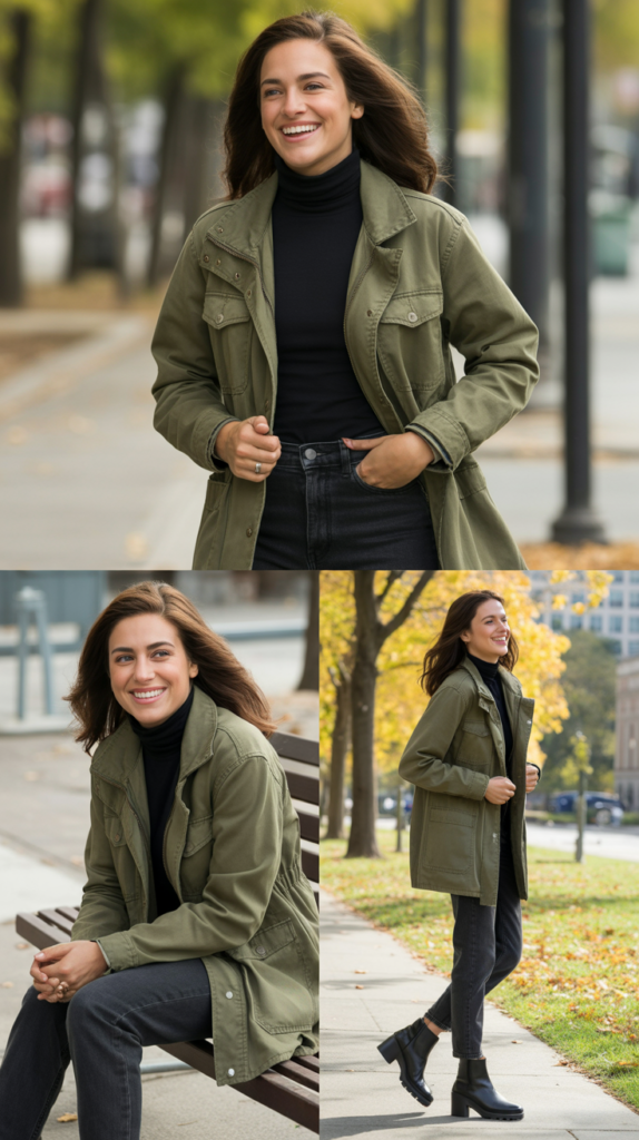 Utility Jacket with Turtleneck and Jeans