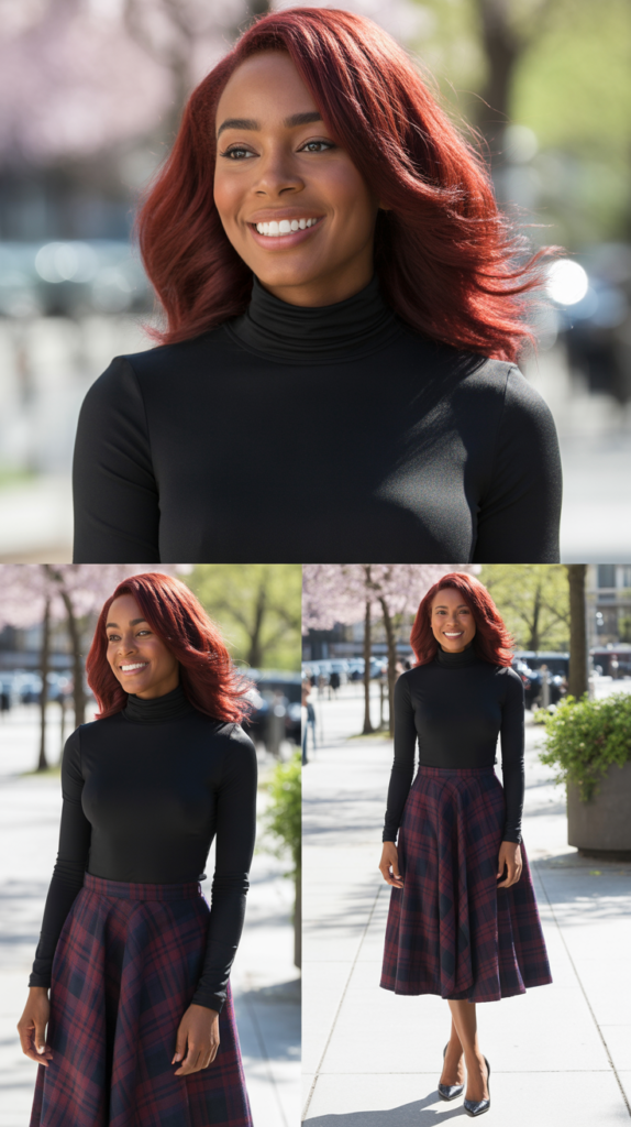 Black Turtleneck with Plaid Midi Skirt