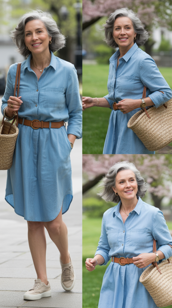 Chambray Shirt Dress with Neutral Belt