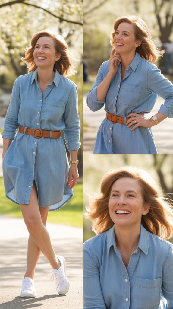 Chambray Shirt Dress with White Sneakers