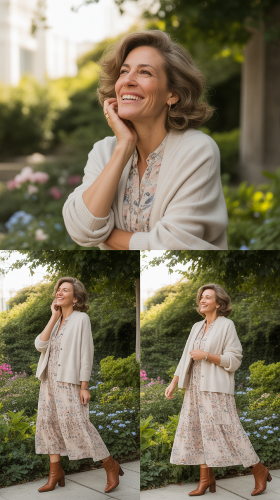 Midi Dress with Ankle Boots and Cardigan