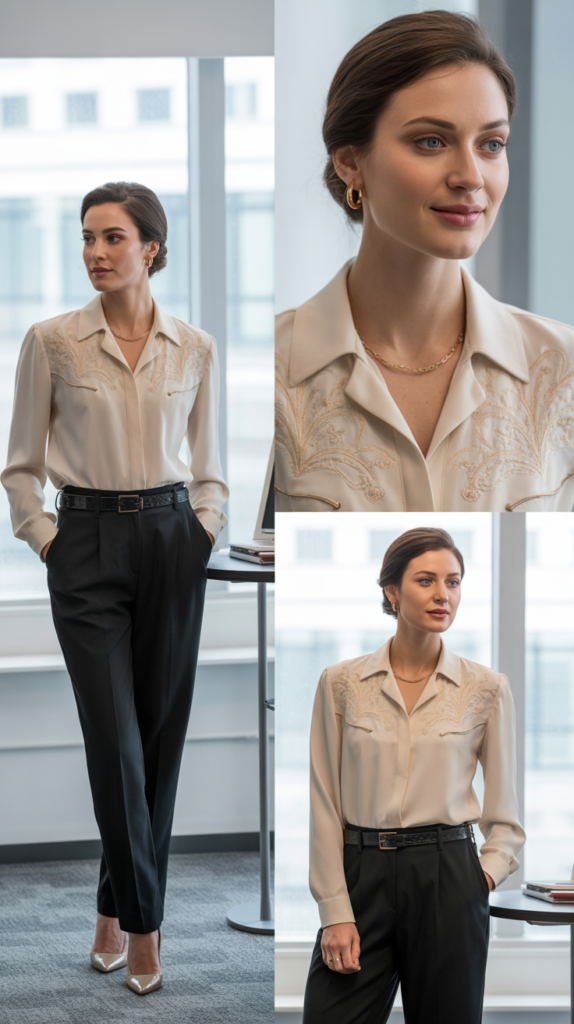 The Embroidered Western Blouse with Tailored Trousers