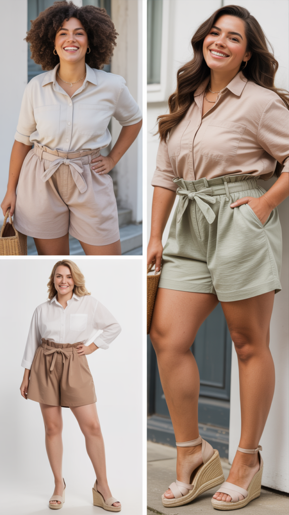 Paperbag Waist Shorts with Button-Down