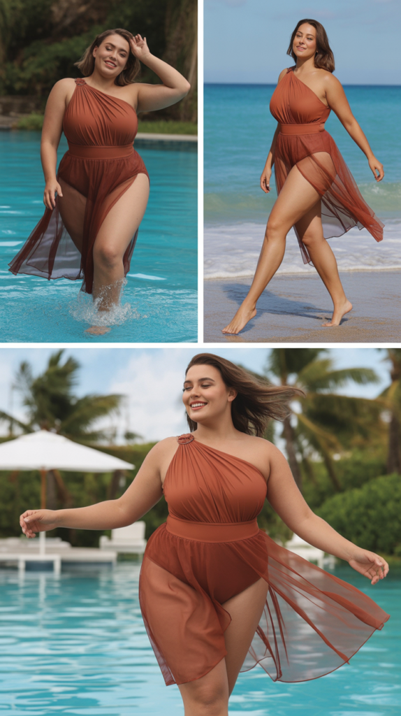 Ruched One-Shoulder Swimsuit with Mesh Skirt