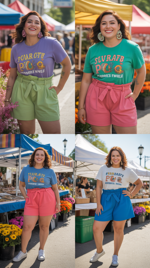 Graphic Tee with Paperbag Waist Shorts