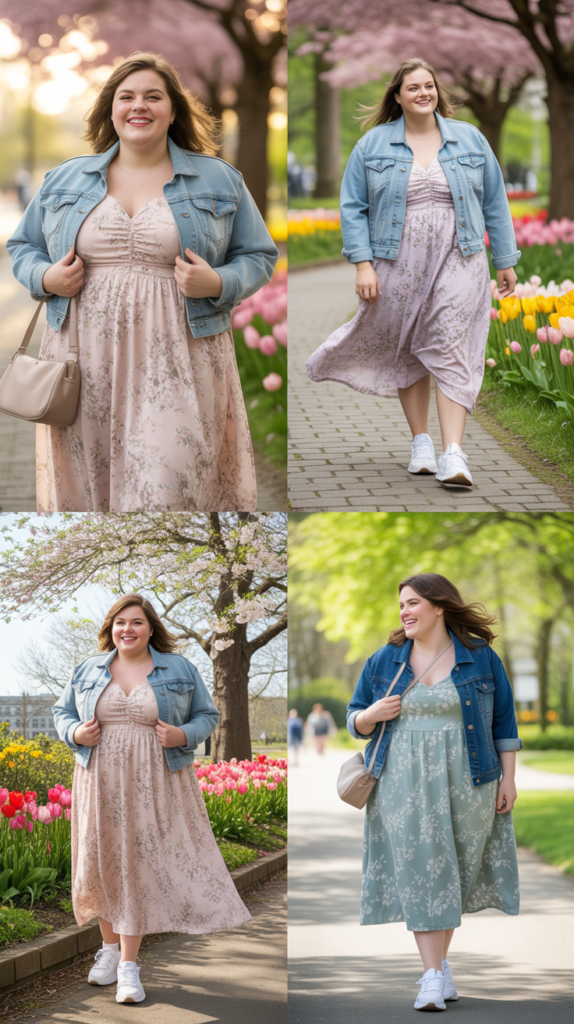  Flowy Midi Dress with Denim Jacket