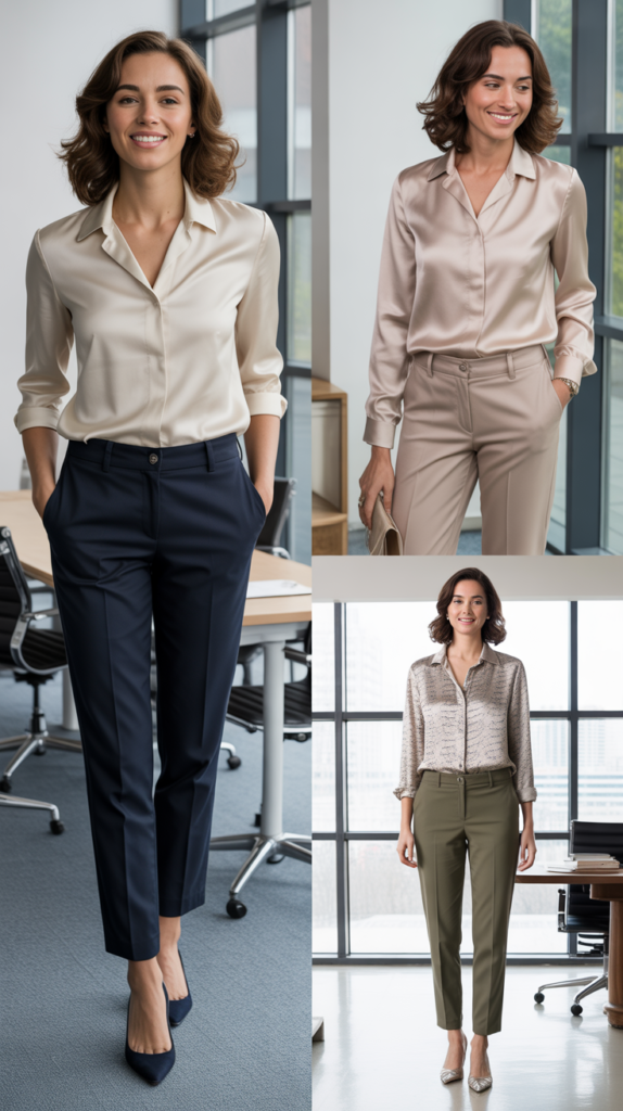 Silk or Satin Blouse with Chinos