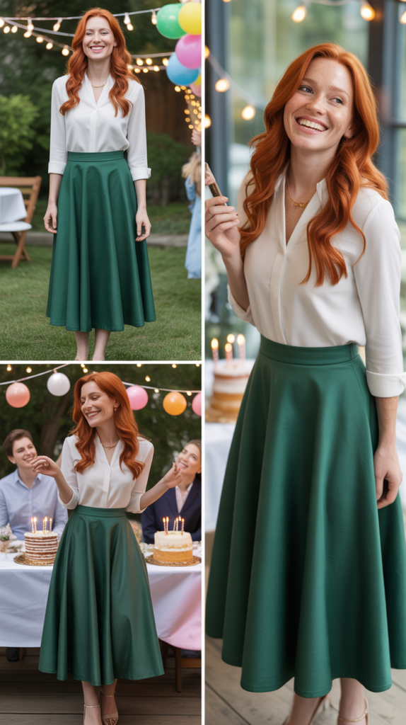 Forest Green Midi Skirt with White Top