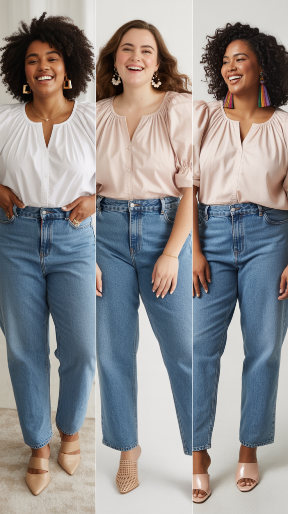 Puff Sleeve Blouse with Straight-Leg Jeans