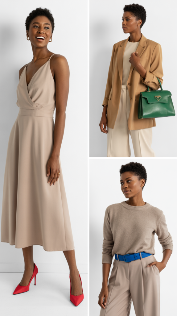 The Head-to-Toe Neutrals with One Pop of Color