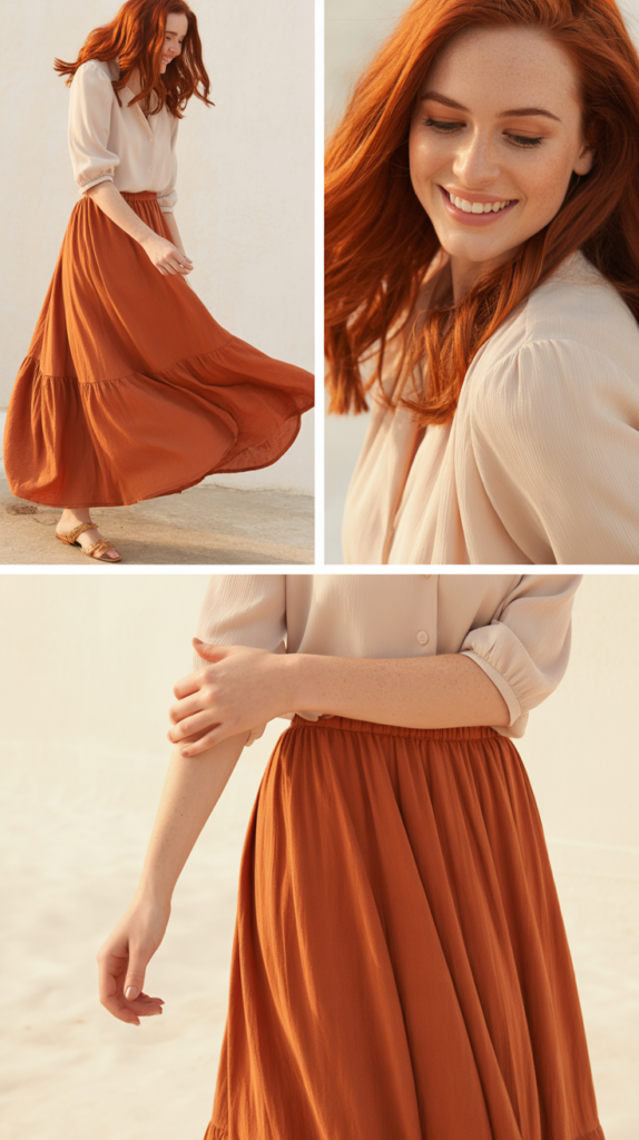 Rust Orange Maxi Skirt with Ivory Blouse