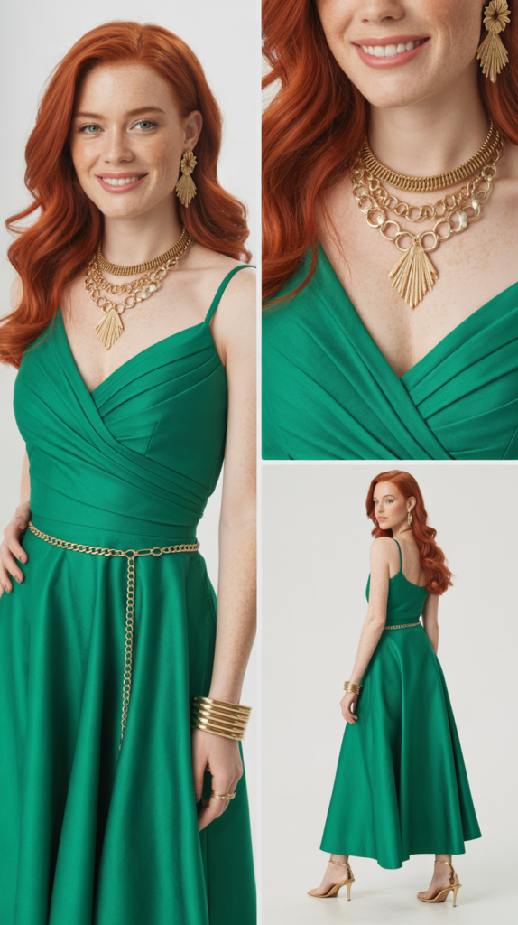Emerald Green Midi Dress with Gold Accessories