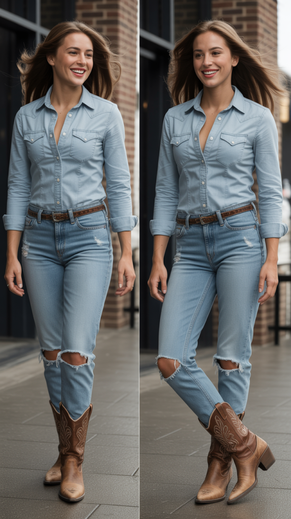 Ripped Jeans with Western Button-Down