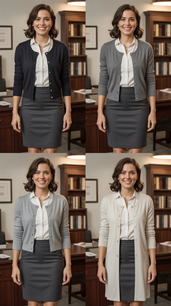 Pencil Skirt with Blouse and Cardigan