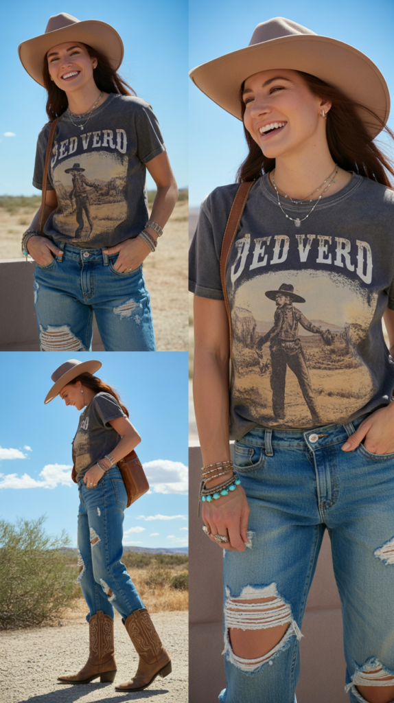 Distressed Boyfriend Jeans with Graphic Western Tee