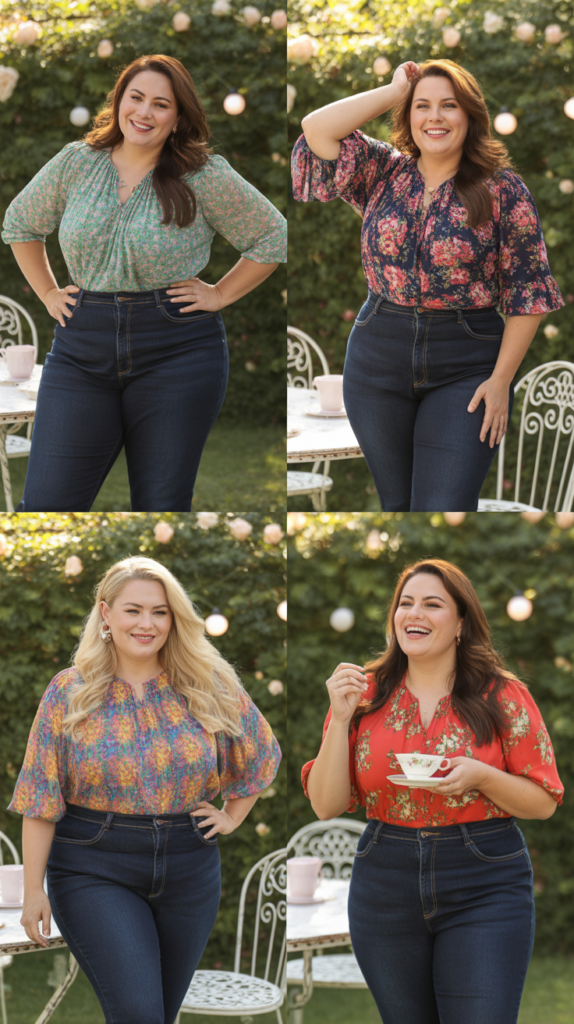 Floral Blouse and Dark Wash Mom Jeans
