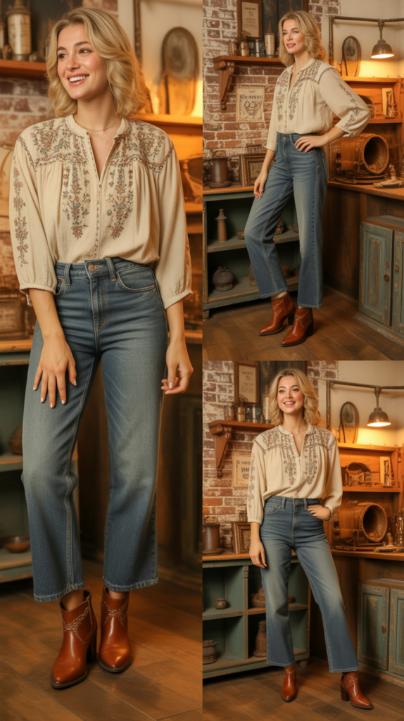 Embroidered Blouse with High-Waisted Jeans