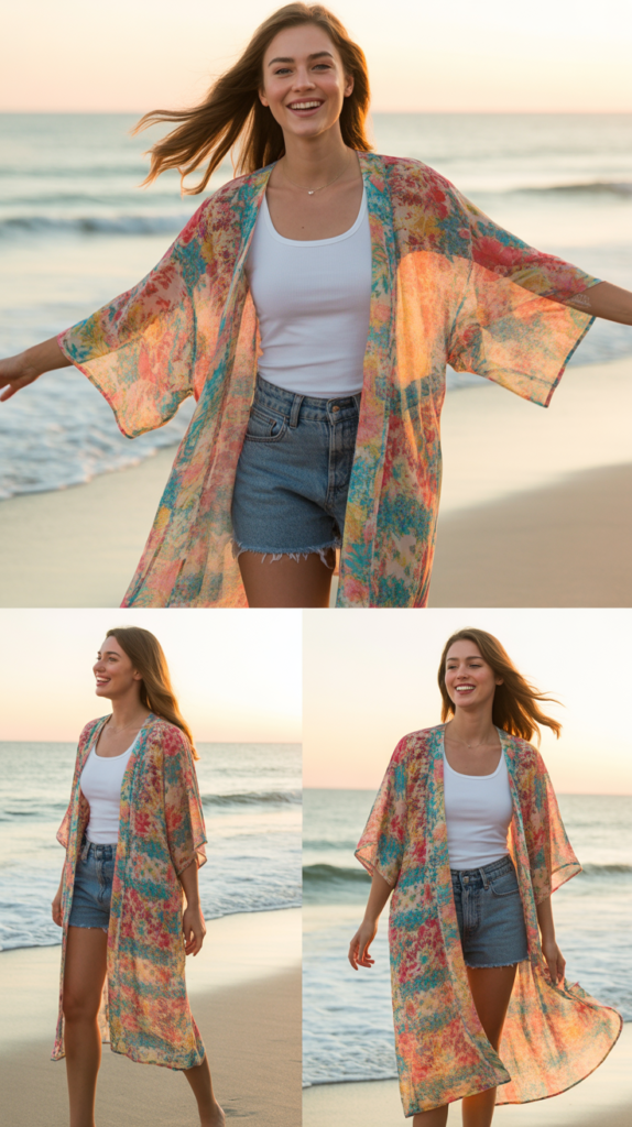 Kimono Over Basic Tank and Shorts