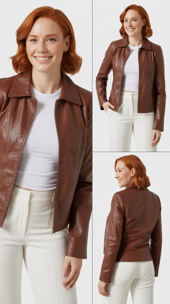 Chocolate Brown Leather Jacket with All White Ensemble