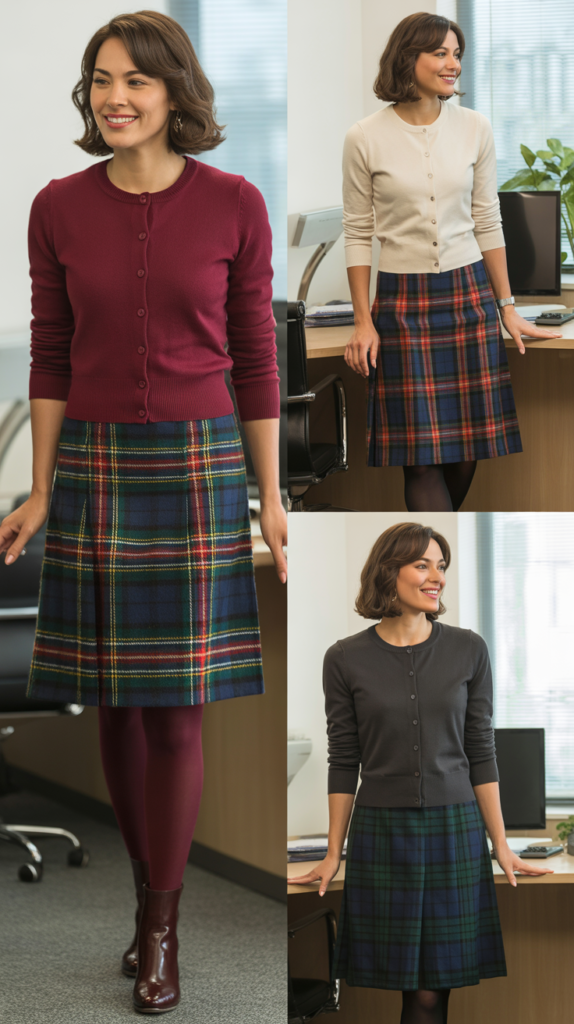  Tartan Skirt with Solid Color Cardigan