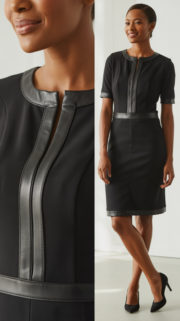 Black Ponte Knit Dress with Leather Trim