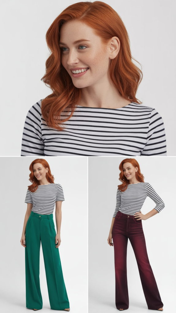 Black and White Striped Top with Colored Bottoms