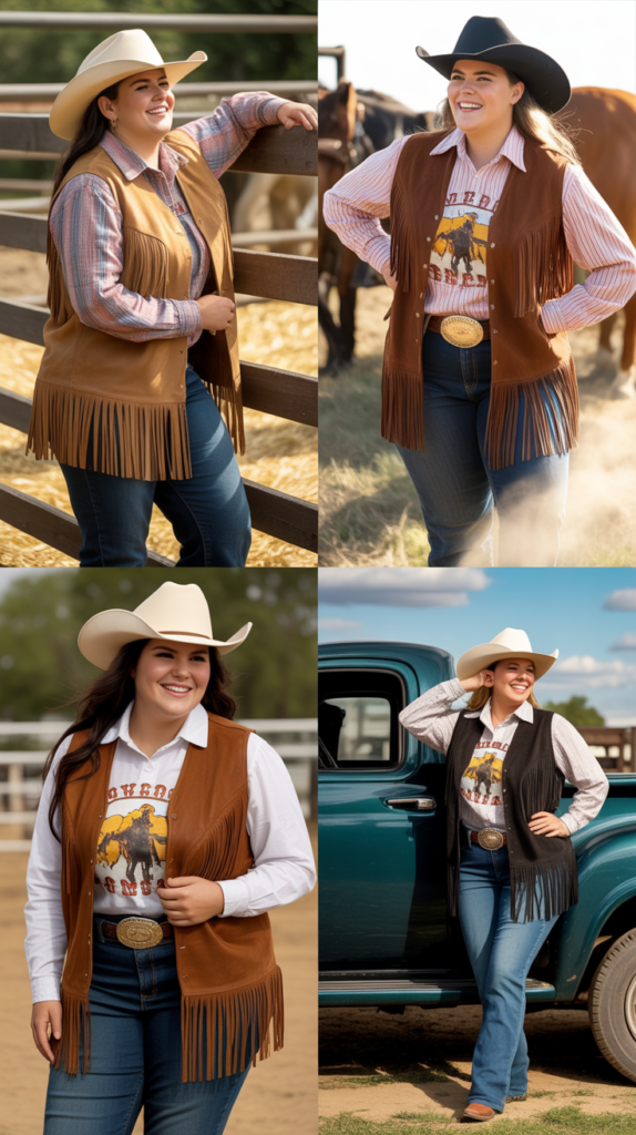 Suede Fringe Vest Over Graphic Tee