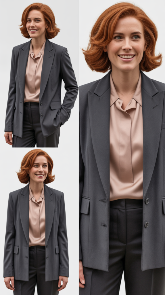  Charcoal Gray Suit with Blush Pink Blouse
