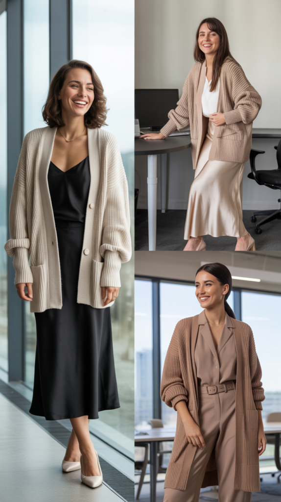 Oversized Cardigan Over Slip Skirt and Cami