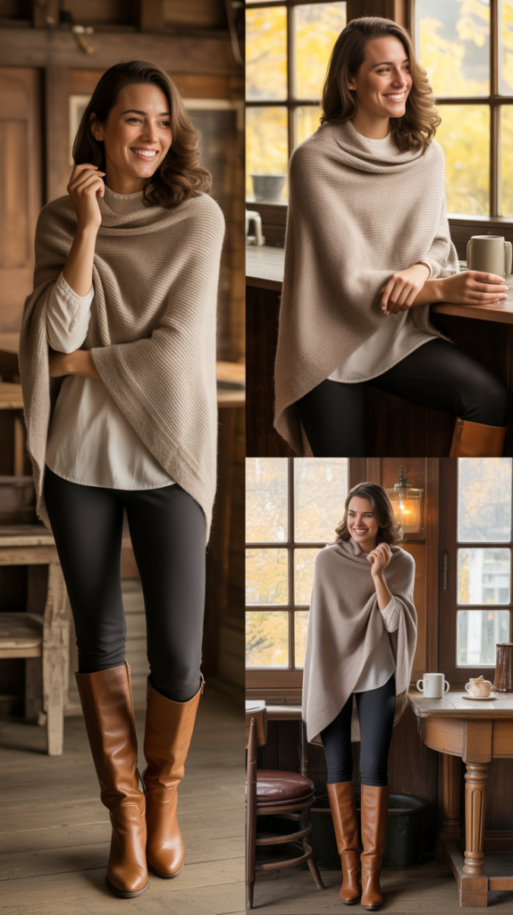 Knit Poncho with Leggings and Tall Boots