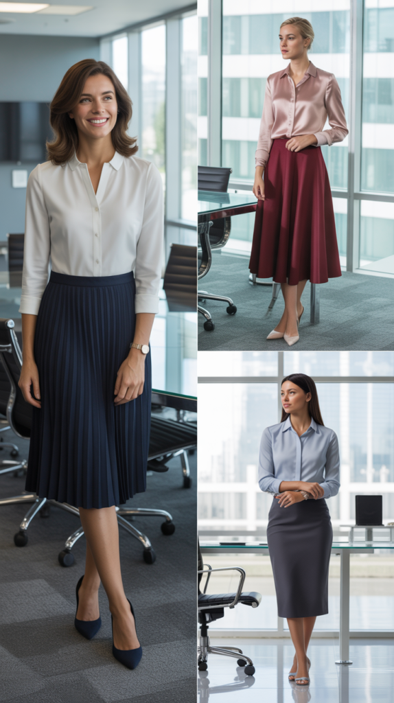 Midi Skirt with Tucked-In Blouse