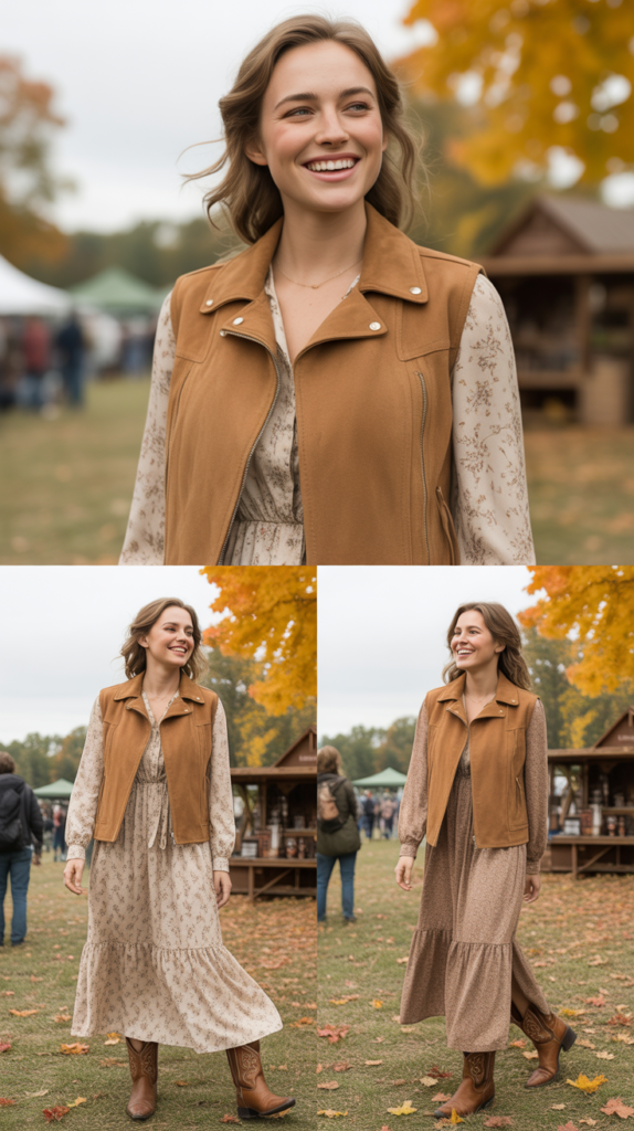 Suede Vest Over Maxi Dress