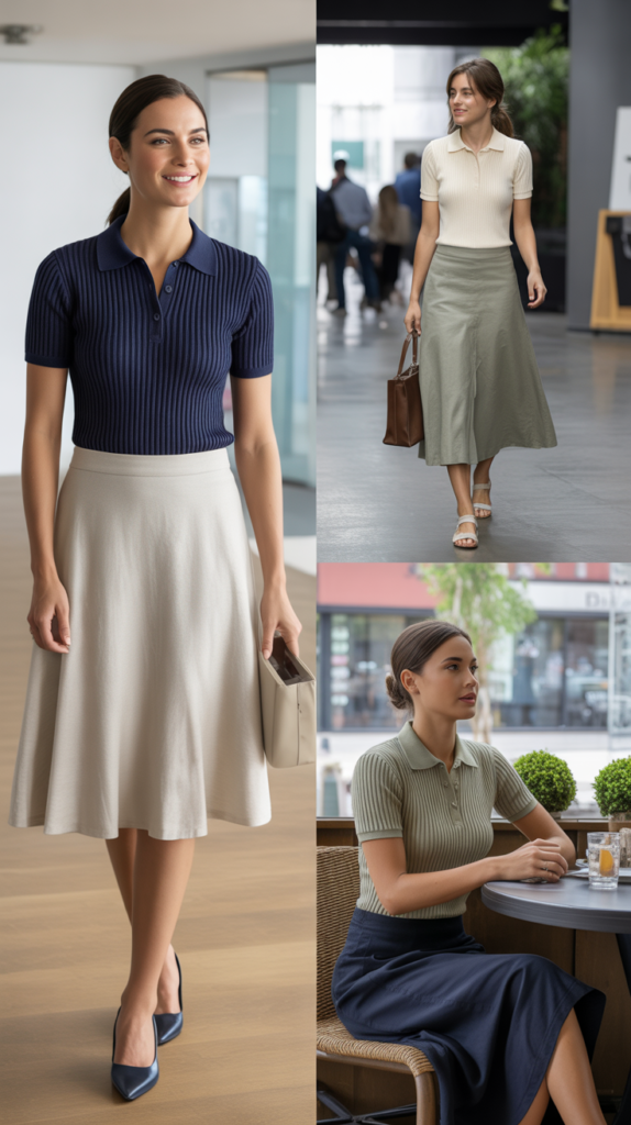 Knit Polo Shirt with Linen Blend Skirt