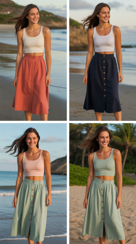  Button-Front Midi Skirt and Crop Tank