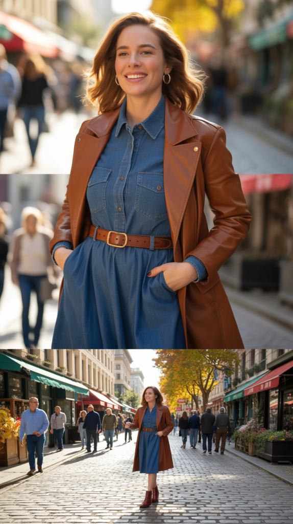 Denim Shirtdress with Leather Jacket and Booties