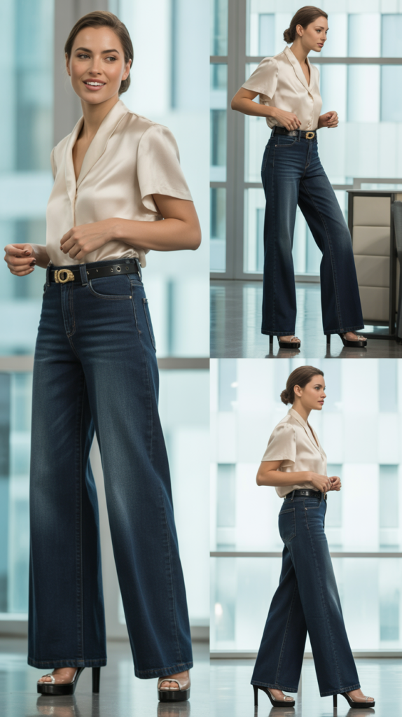  Wide-Leg Jeans with Tucked Blouse